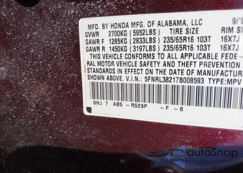 2007 Honda Odyssey Lx z USA, uszkodzony, nr VIN 5FNRL38217B008593